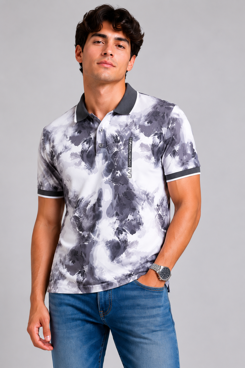 Men's Grey Abstract Print Polo T-Shirt