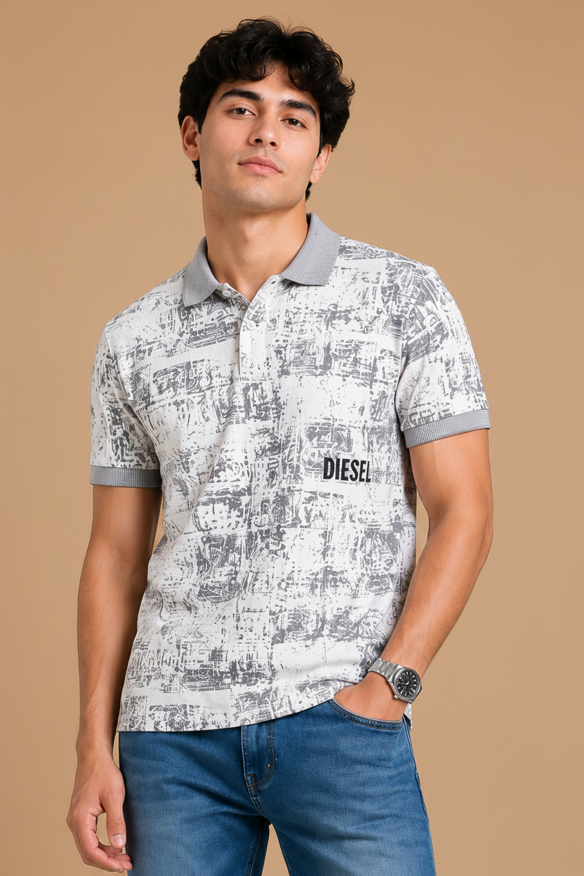 Men's Grey Abstract Printed Polo T-Shirt