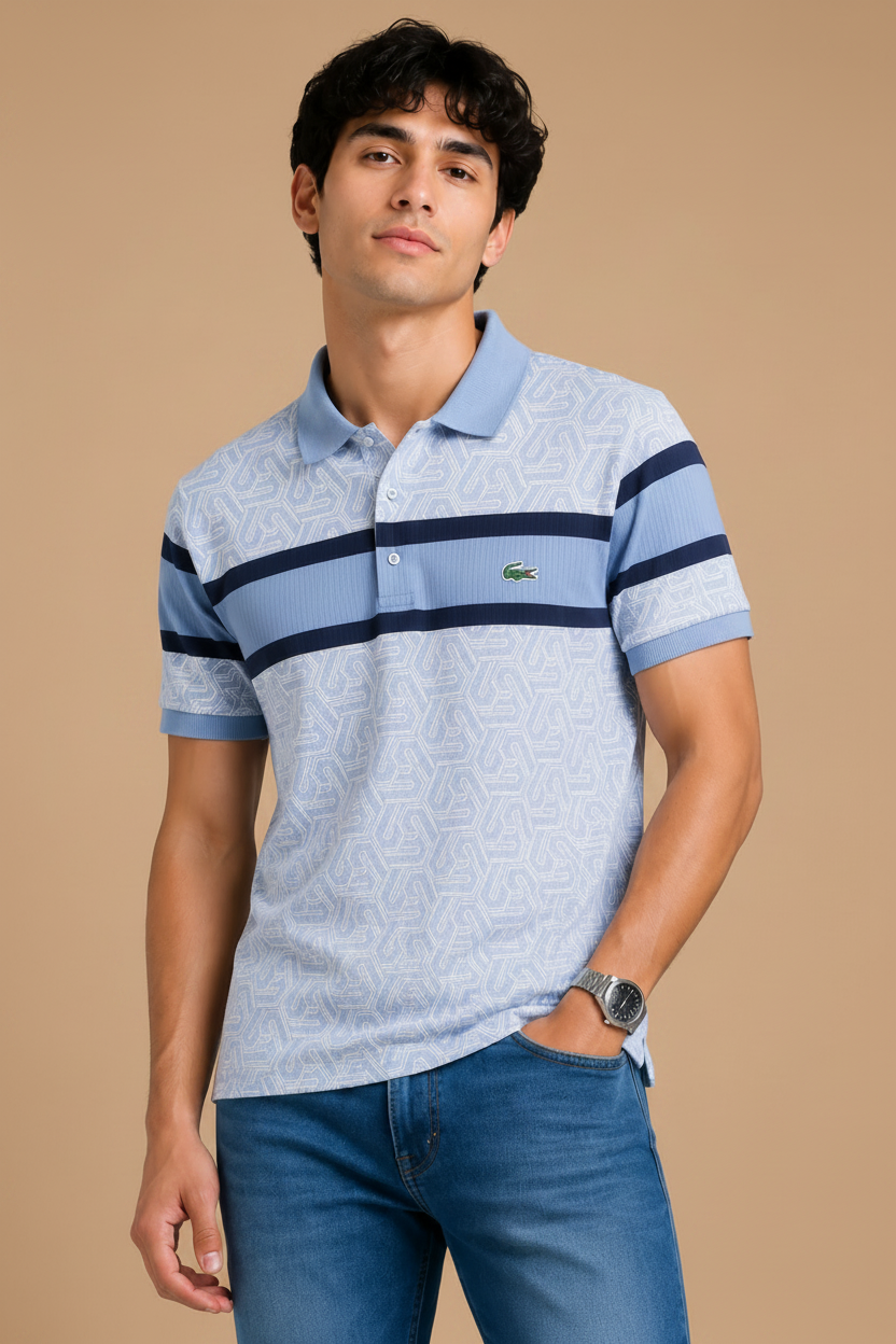Men's Sky Blue Geometric Printed Polo T-Shirt