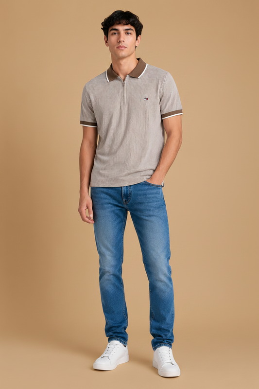 Men's  Striped Polo T-Shirt with Zip Neck