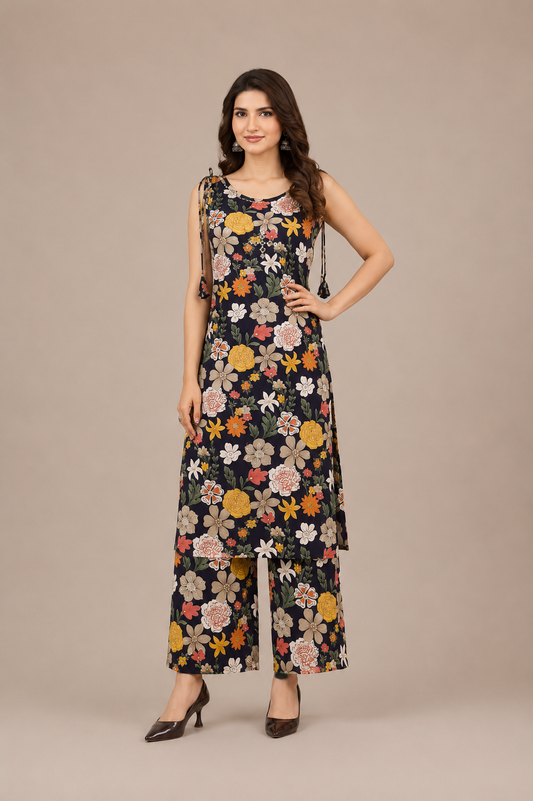 Women’s Multicolor Floral Printed Sleeveless Kurta Pant Co-Ord Set