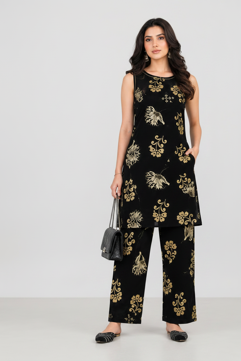 Women’s Multicolor Floral Printed Sleeveless Kurta Pant Co-Ord Set