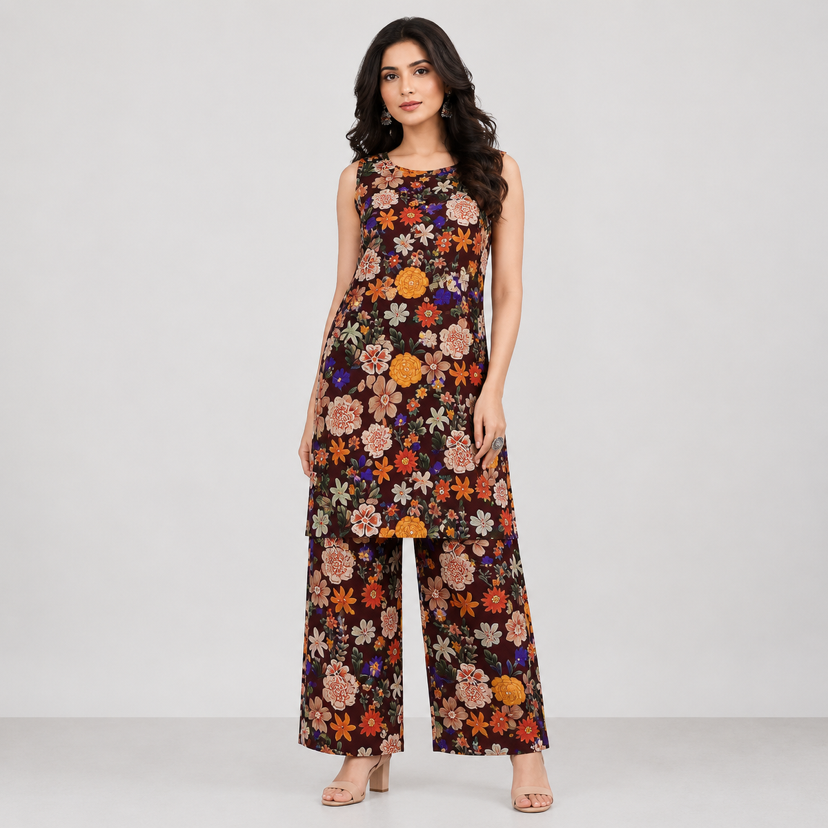 Women’s Multicolor Floral Printed Sleeveless Kurta Pant Co-Ord Set
