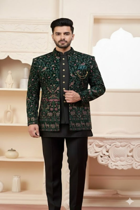 Premium Black & Emerald Embroidered Bandhgala Suit for Men