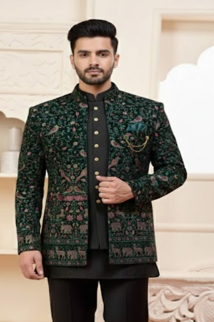 Premium Black & Emerald Embroidered Bandhgala Suit for Men