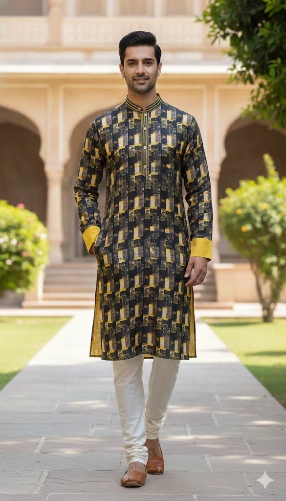 Premium Black & Yellow Printed Festive Kurta for Men
