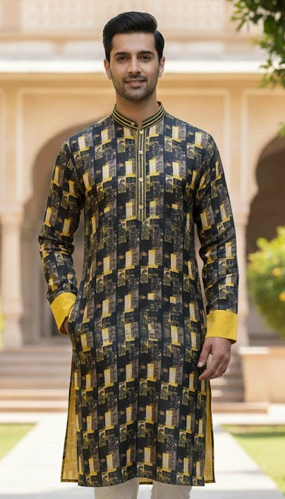 Premium Black & Yellow Printed Festive Kurta for Men