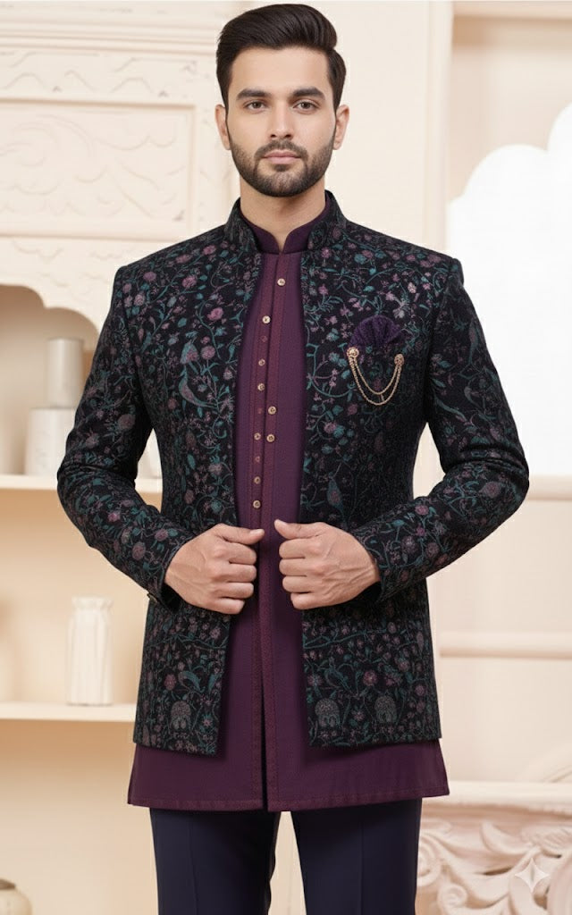Embroidered Black Bandhgala Set