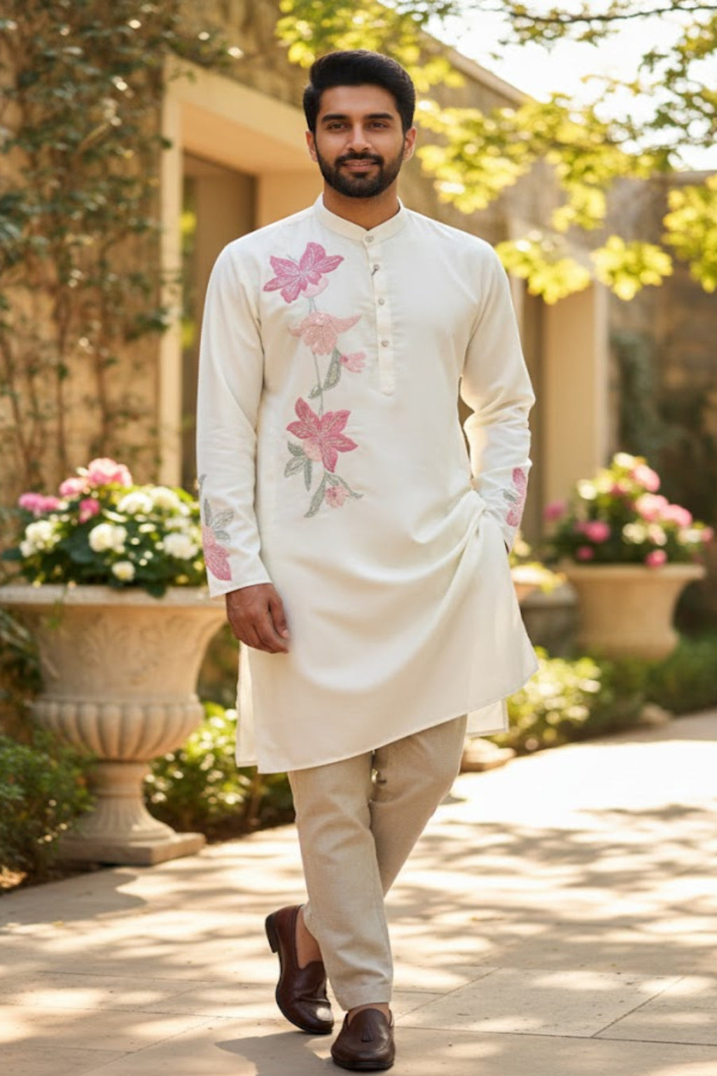 Ivory Floral Embroidered Classic Kurta