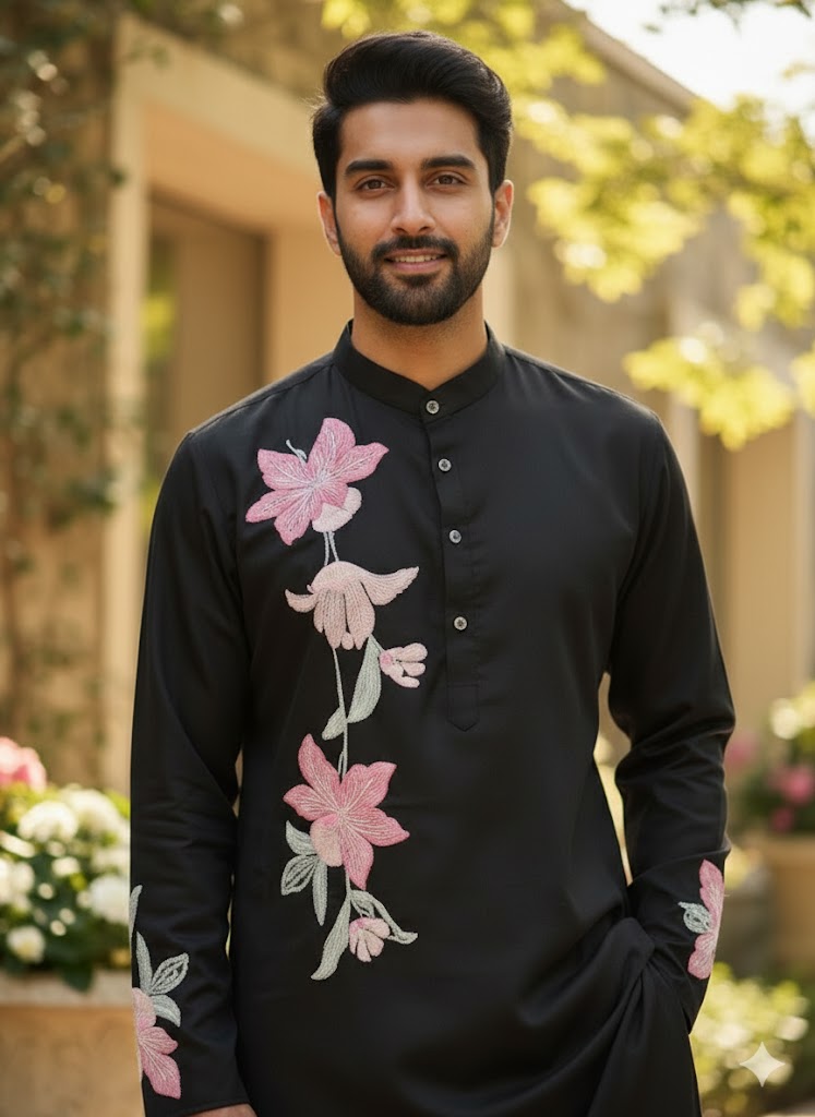Classic Black Floral Embroidered Kurta