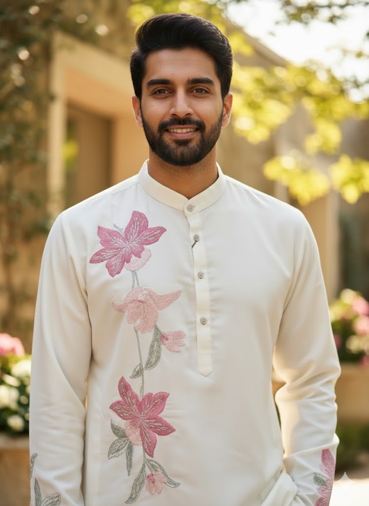 Ivory Floral Embroidered Classic Kurta