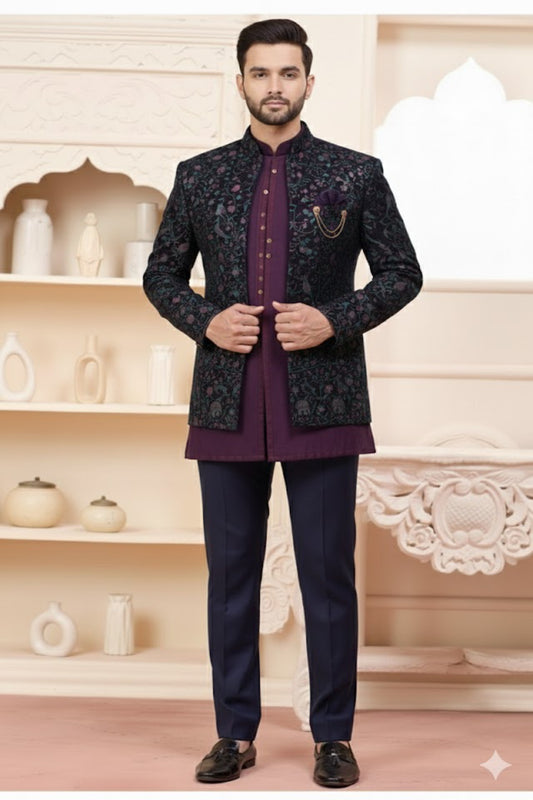 Embroidered Black Bandhgala Set