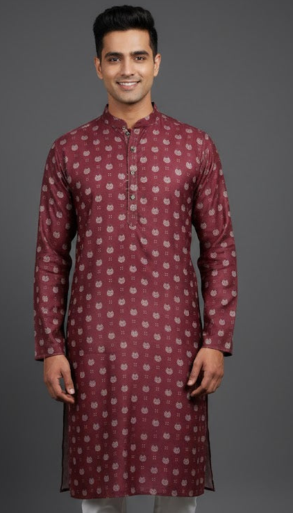 Premium Maroon Printed Festive Kurta for Men