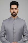 Stitched Designer Suit With Unstitched Pant Fabric – Silver Grey