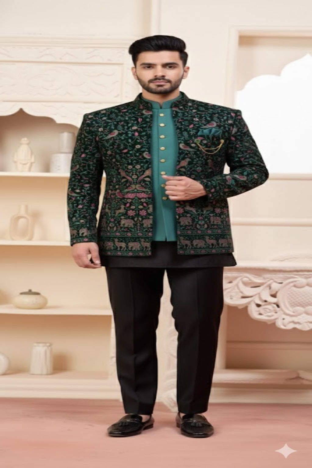 Royal Green Embroidered Bandhgala with Teal Kurta – Wedding Special