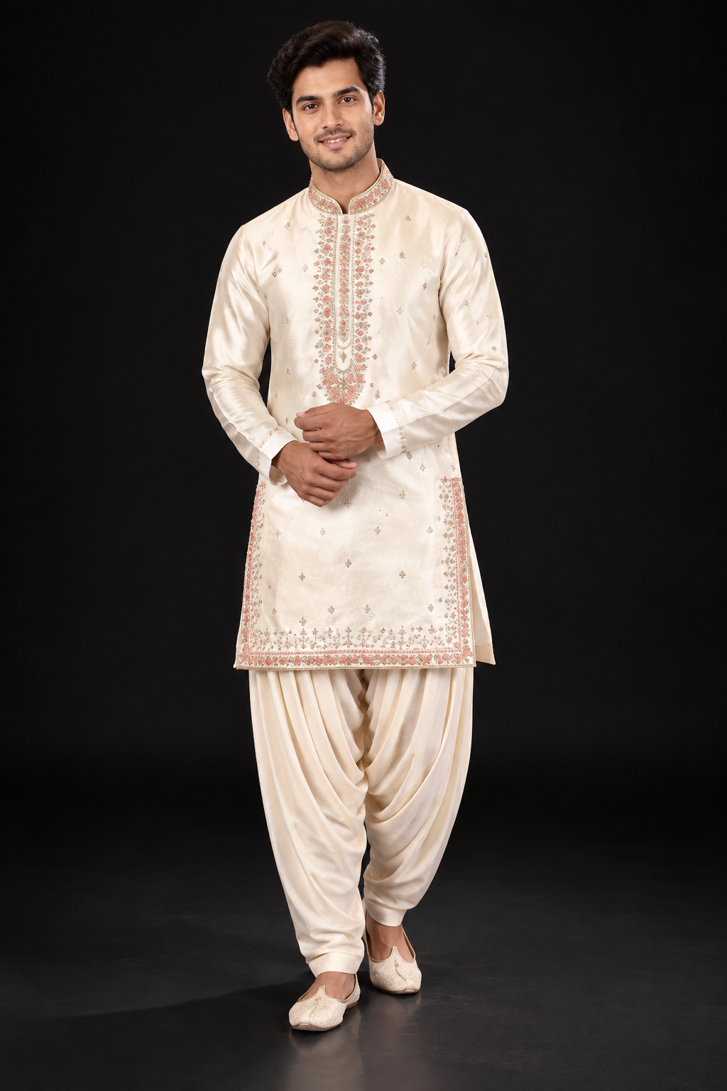 Ivory Peach Embroidered Kurta Dhoti Set