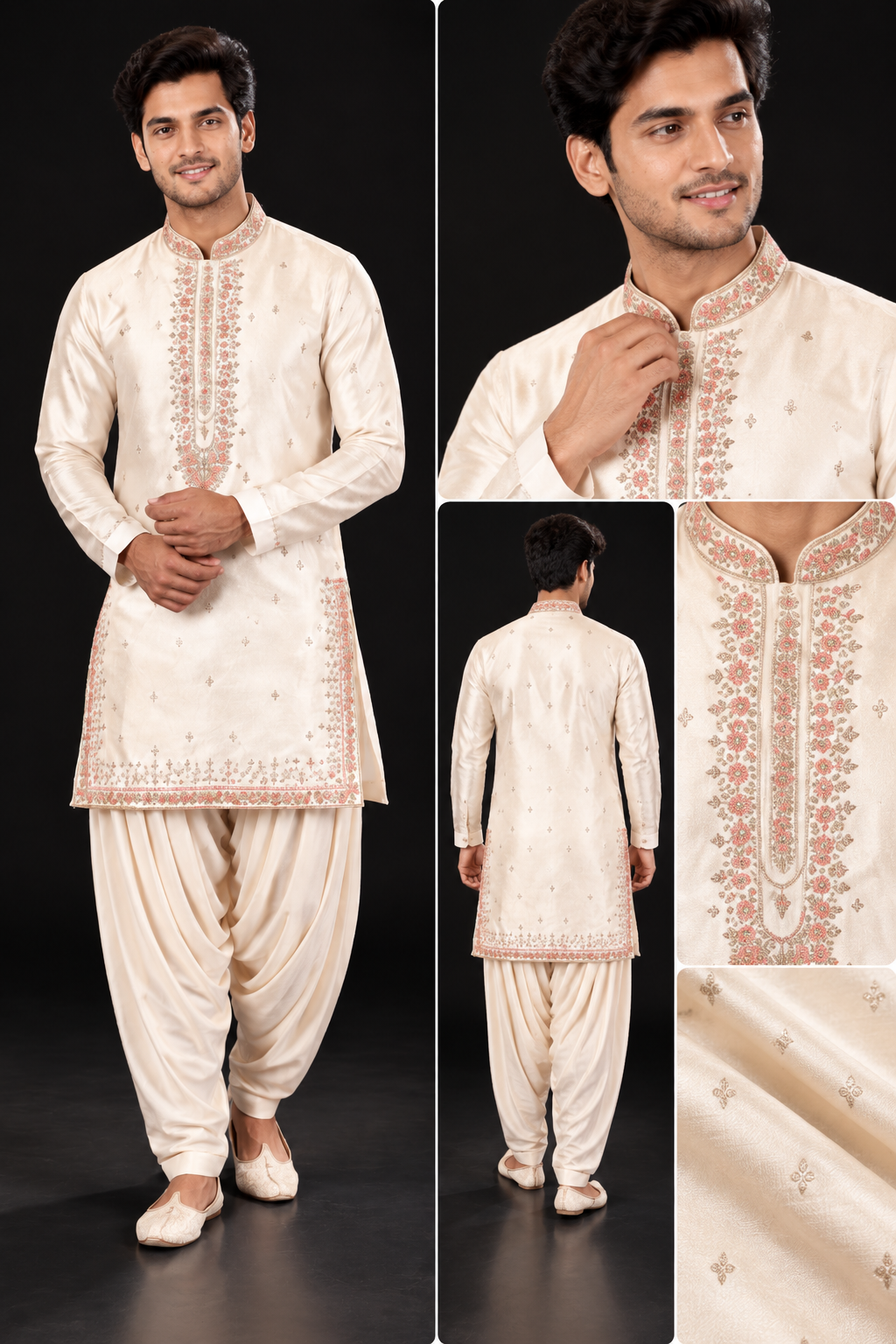 Ivory Peach Embroidered Kurta Dhoti Set