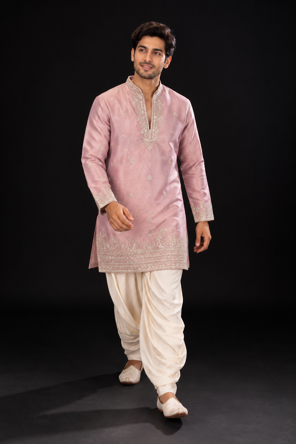Dusty Pink Embroidered Kurta Dhoti Set