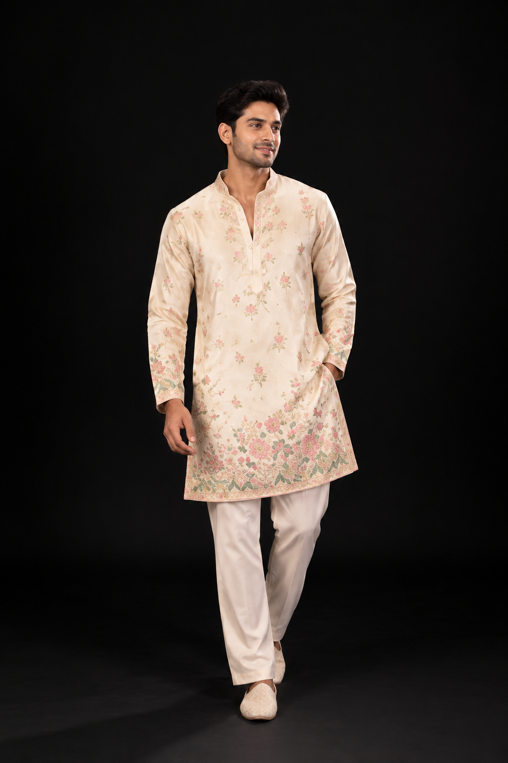 Ivory Floral Embroidered Festive Kurta Set