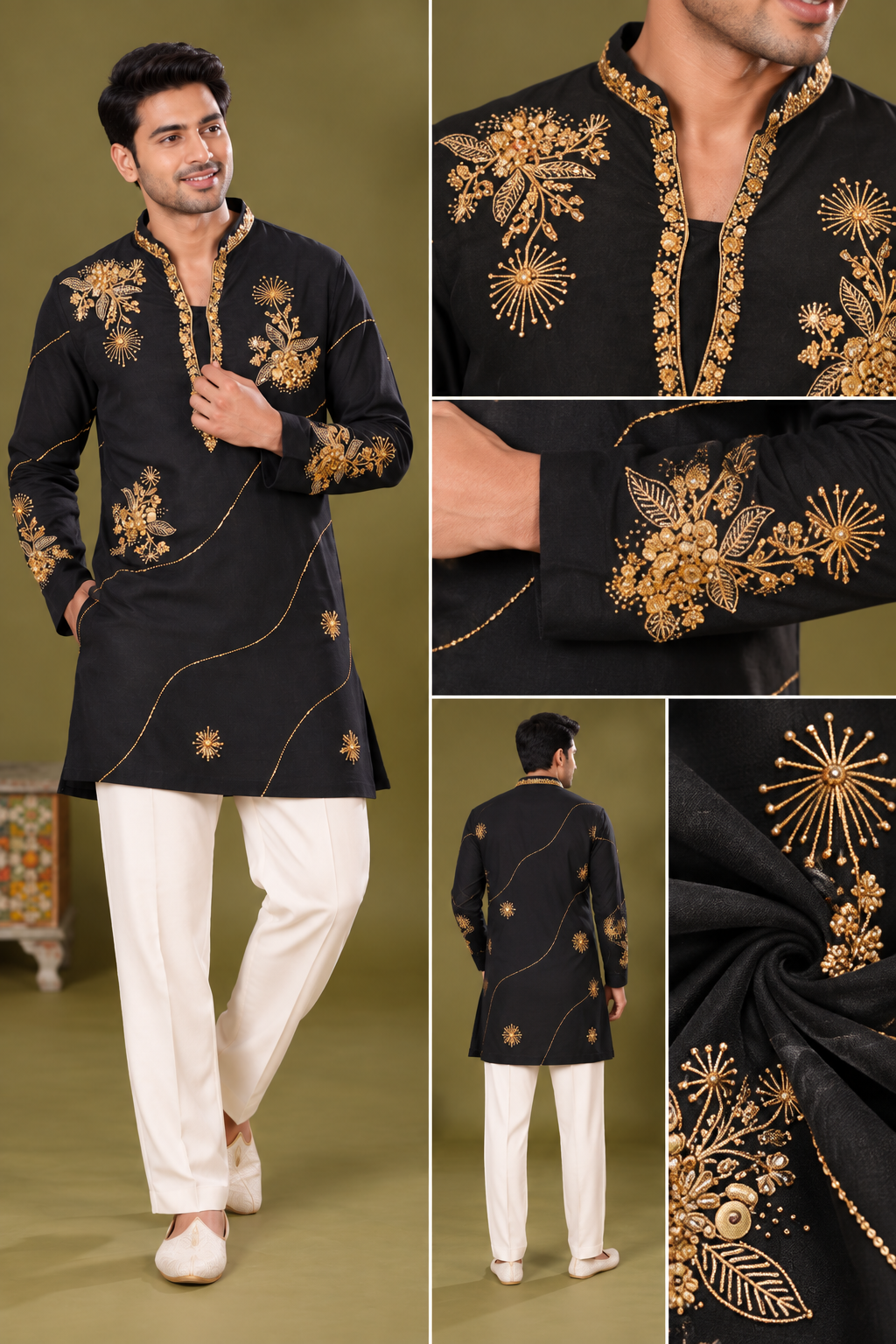 Black & Gold Embroidered Festive Kurta Set