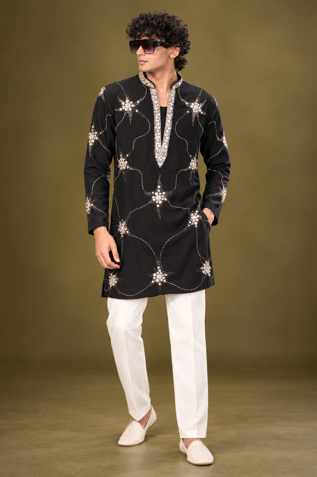 Black Crystal Embellished Festive Kurta Set