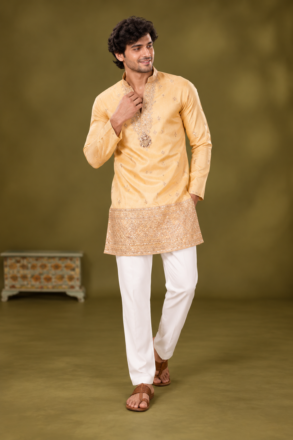 Mustard Gold Embroidered Festive Kurta Set