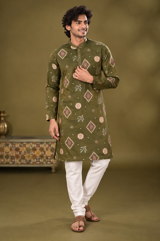 Olive Green Printed Festive Kurta Set