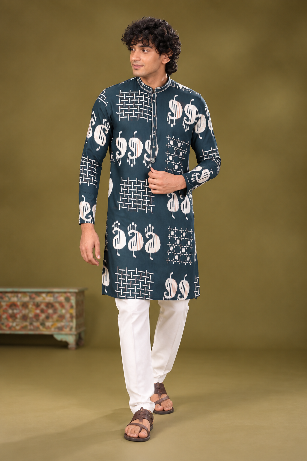 Teal Blue Abstract Printed Festive Kurta Set