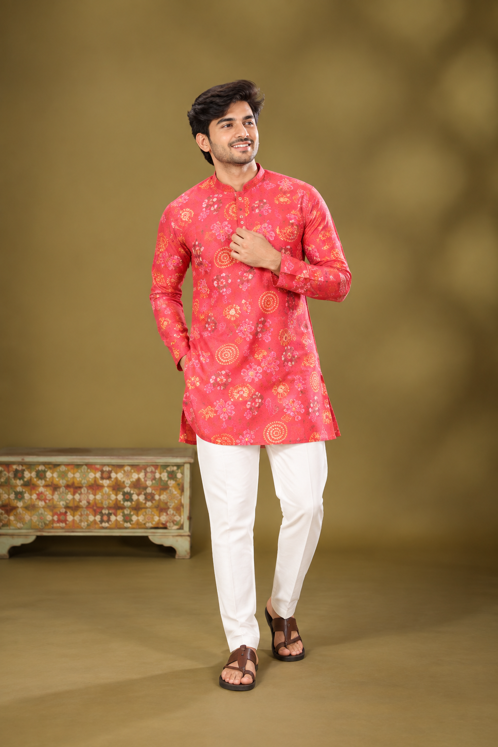Coral Red Printed Festive Kurta Set