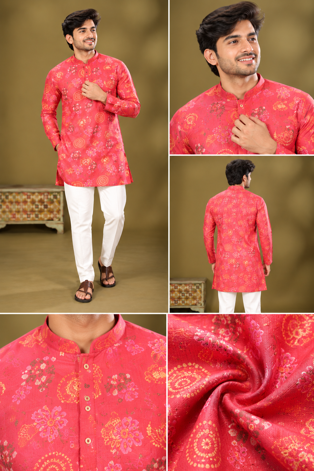 Coral Red Printed Festive Kurta Set