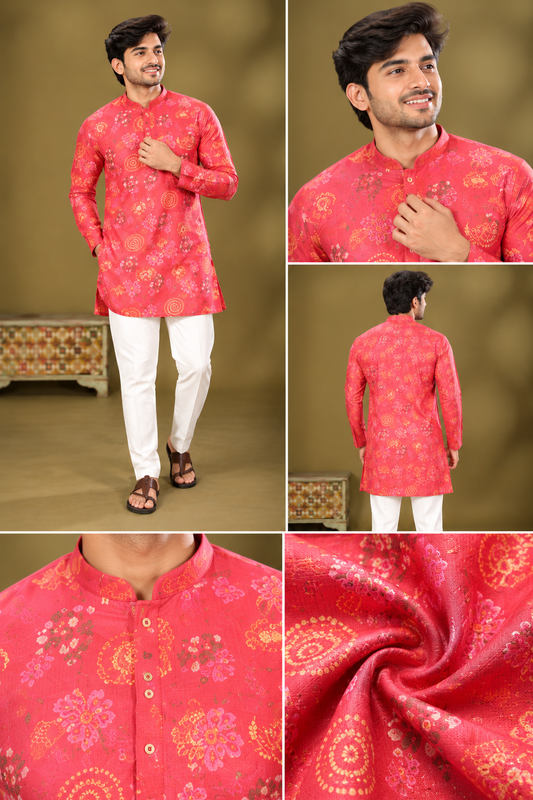 Coral Red Printed Festive Kurta Set