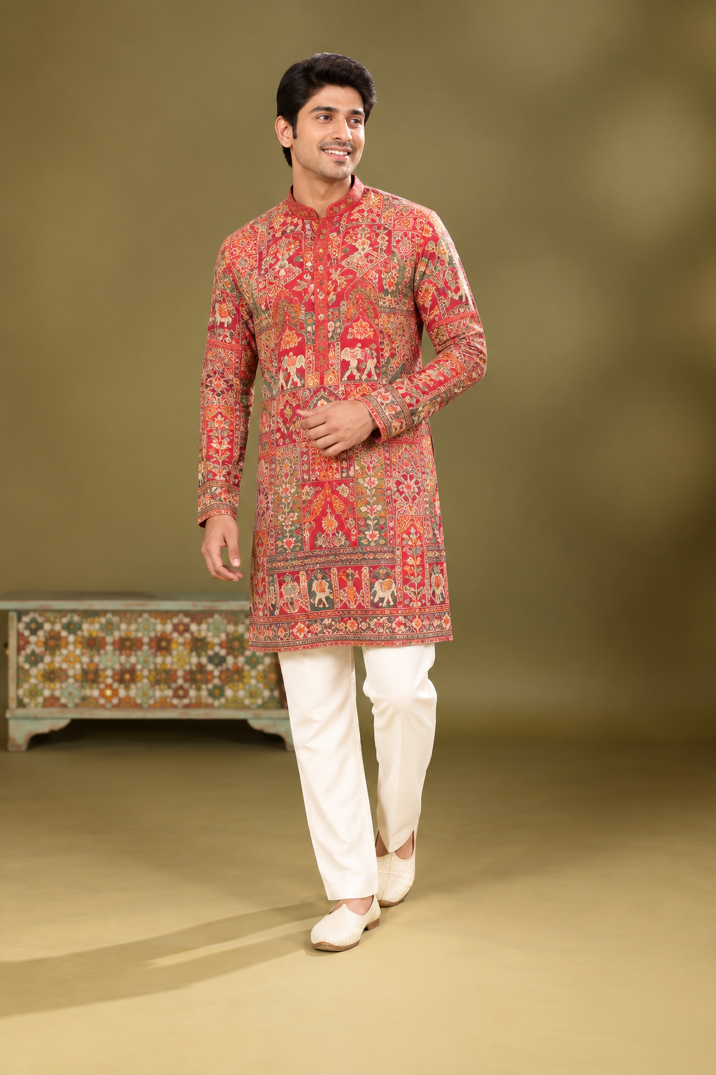 Red Heritage Printed Festive Kurta Set