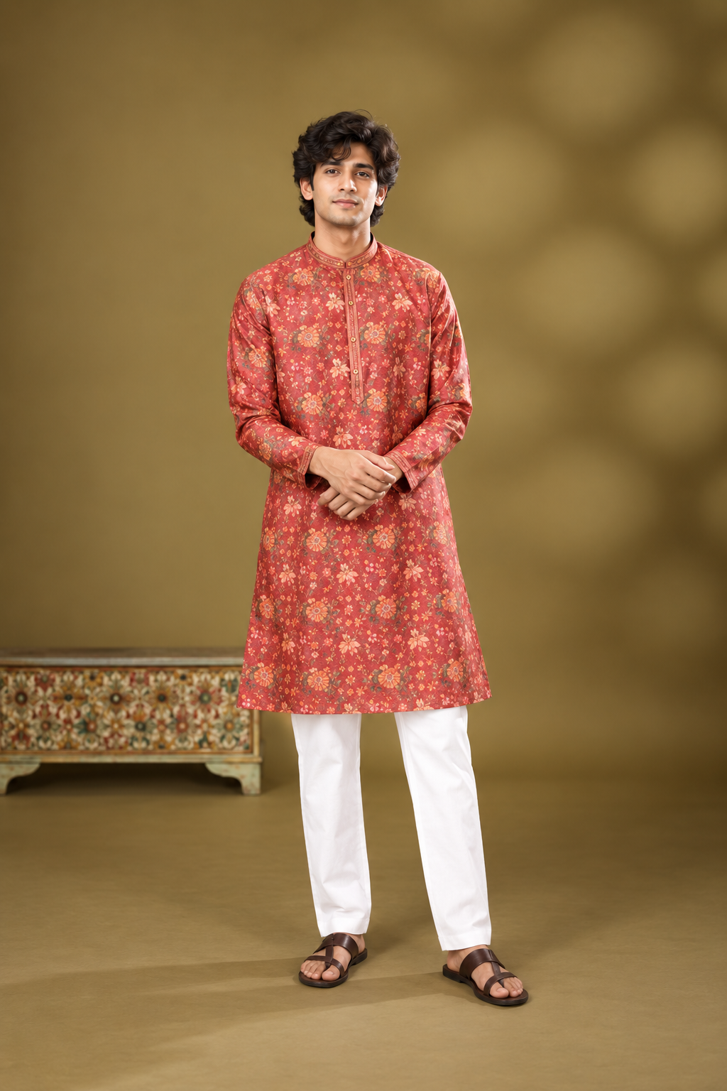 Rust Floral Print Festive Kurta