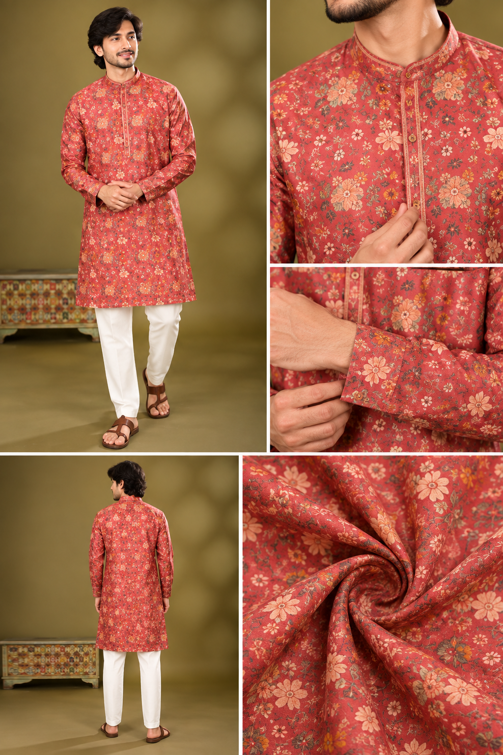 Rust Floral Print Festive Kurta