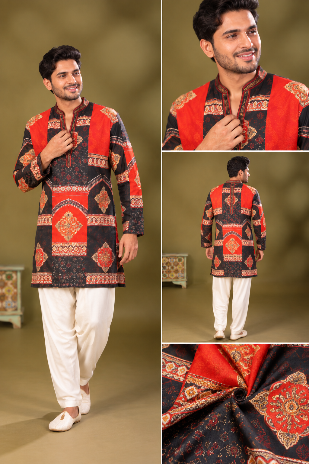 Black & Red Heritage Print Kurta