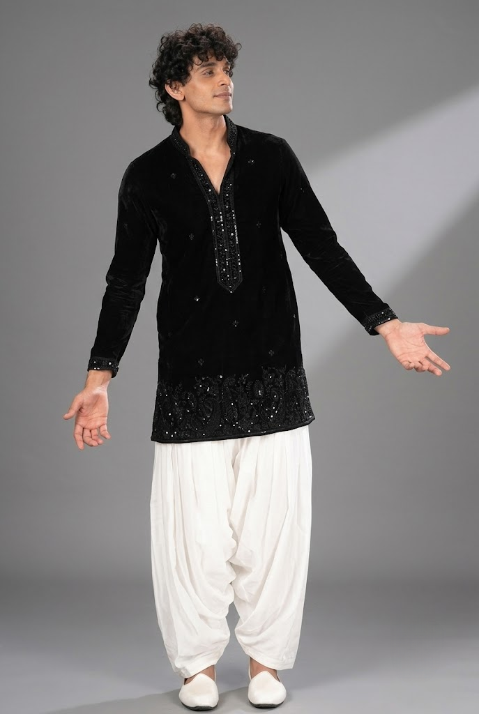 Black Velvet Embroidered Kurta with White Dhoti