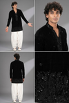 Black Velvet Embroidered Kurta with White Dhoti