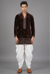 Brown Velvet Embroidered Kurta with White Dhoti