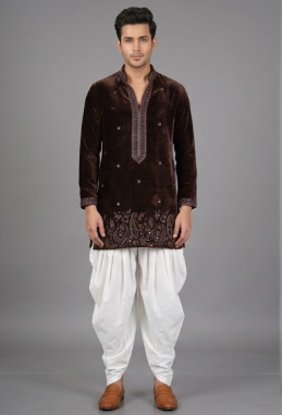 Brown Velvet Embroidered Kurta with White Dhoti