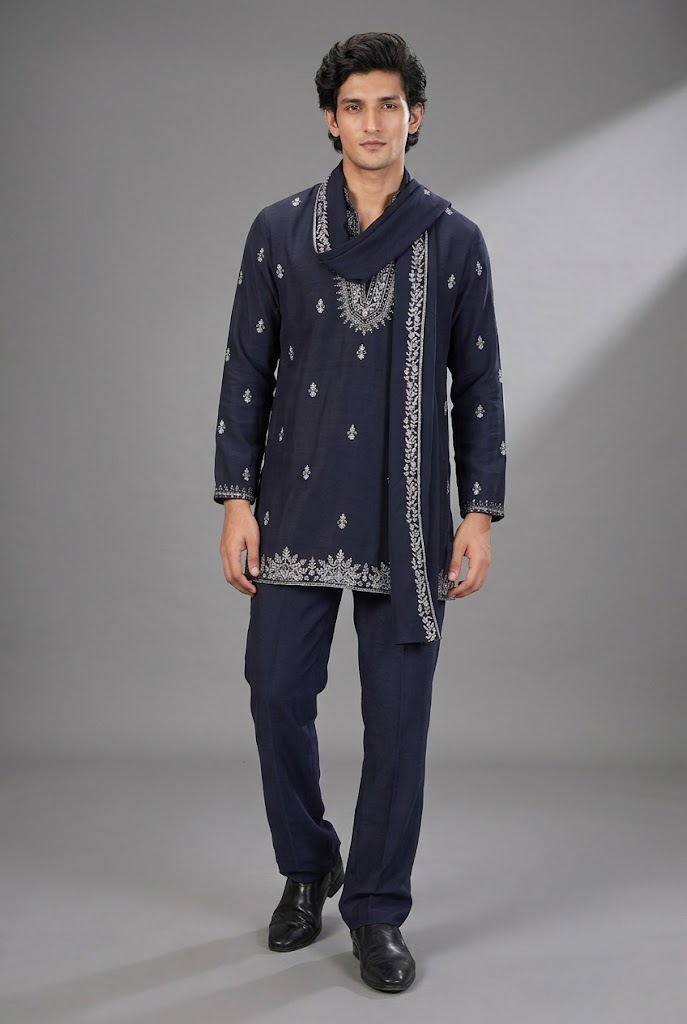 Navy Blue Embroidered Kurta Set with Dupatta