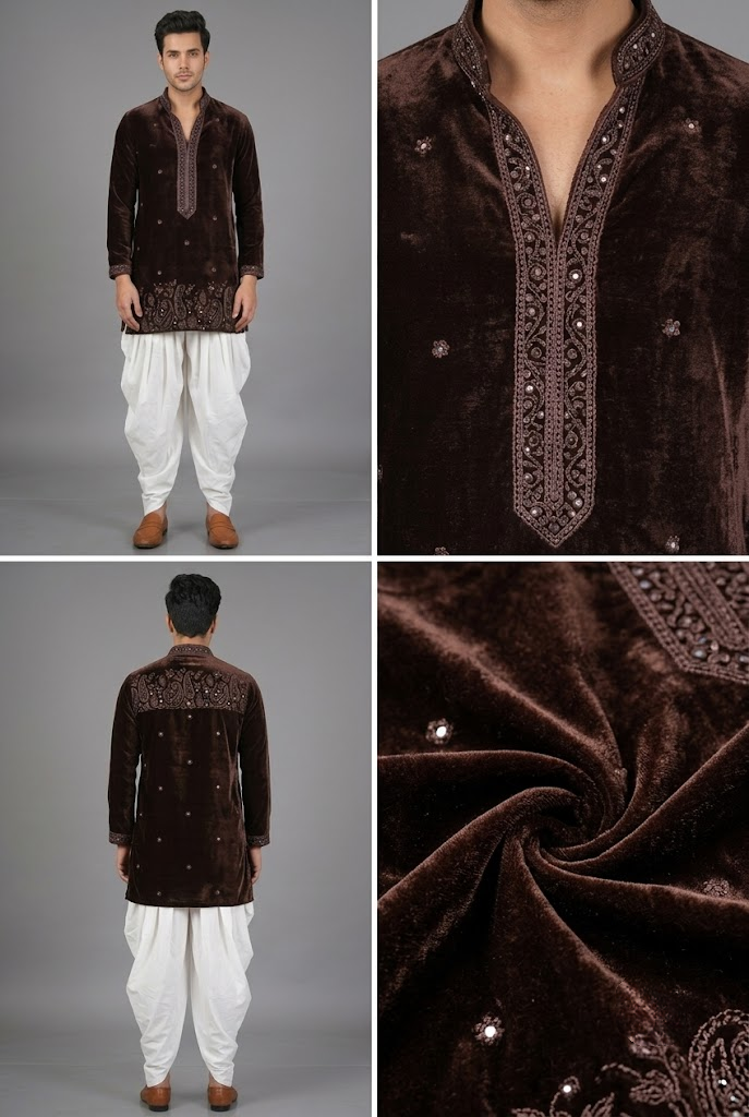 Brown Velvet Embroidered Kurta with White Dhoti
