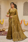 Olive Gold Woven Silk Saree with Floral Zari Border