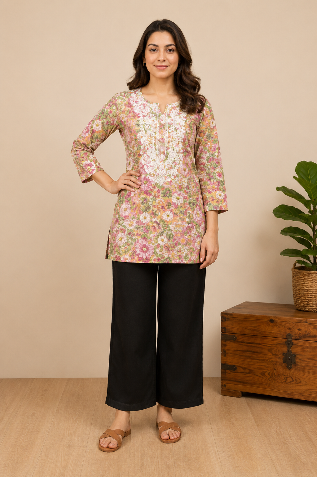 Women’s Pink Floral Printed Cotton Top with Embroidery Work
