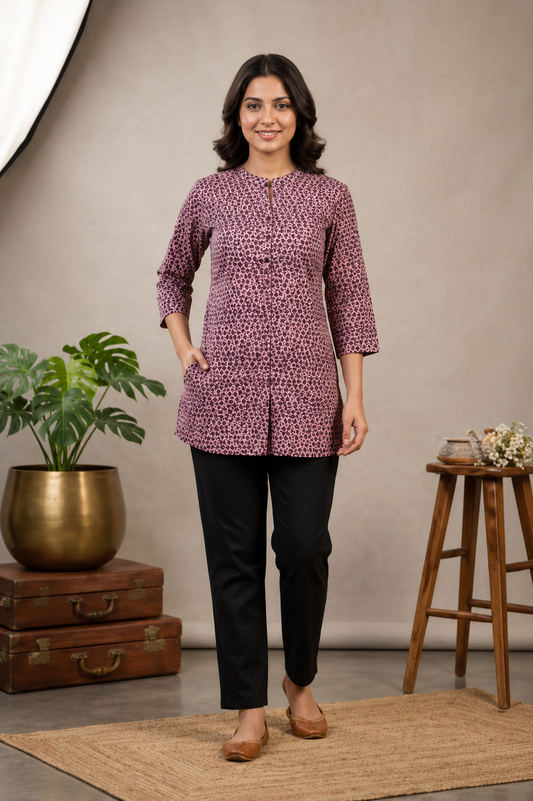 Women’s Powder Blue Printed Cotton Box Pleated Top